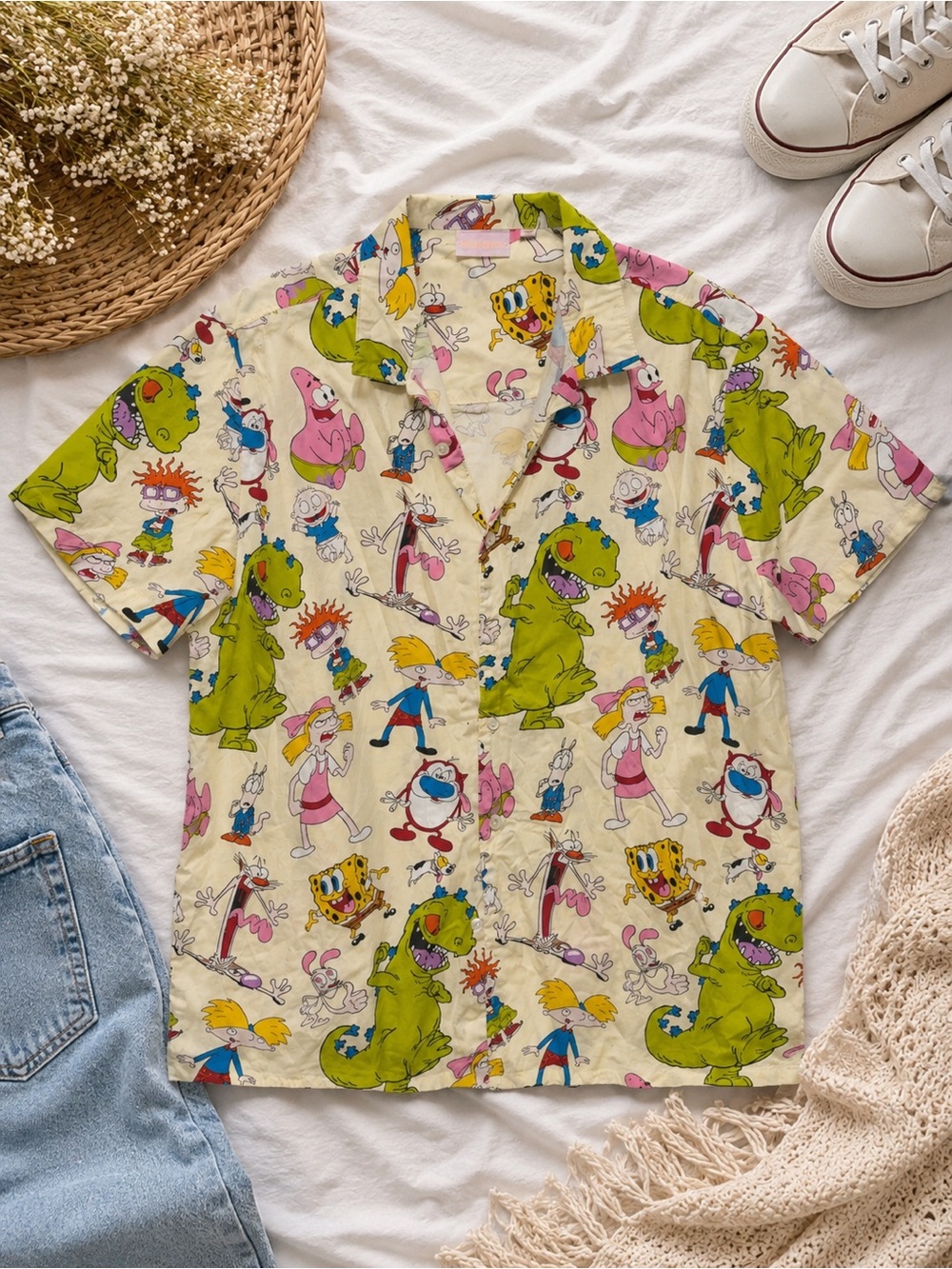 Nickelodeon Cream Short Sleeve Cartoon Character Button-Down Shirt